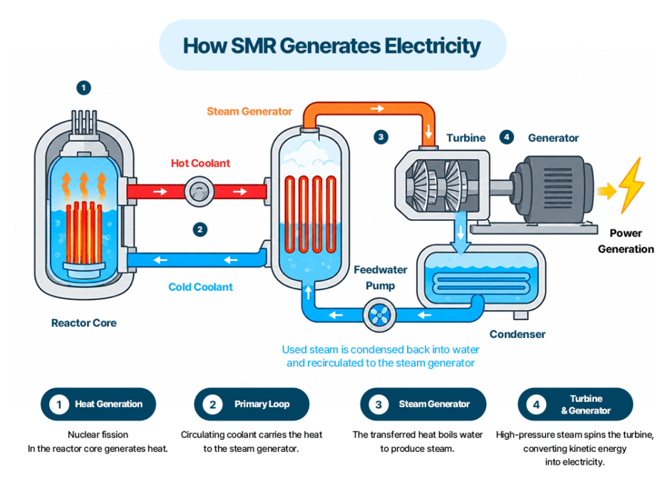 Diagram of how an SMR generates electricity, in four steps: (1) the reactor core generates heat through nuclear fission, (2) circulating coolant carries the heat to the steam generator, (3) the steam generator exchanges heat to boil water into steam, and (4) the high-temperature, high-pressure steam spins the turbine and generator to produce electricity. The used steam is condensed back into water and recirculated to the steam generator.