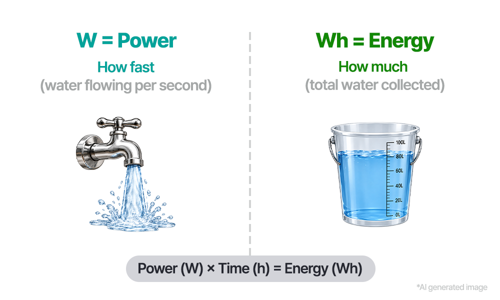 Watts (W) are compared to the amount of water flowing from a faucet per unit of time, while watt-hours (Wh) are compared to the total water collected in a bucket. Multiplying power (W) by time (h) gives energy (Wh).
