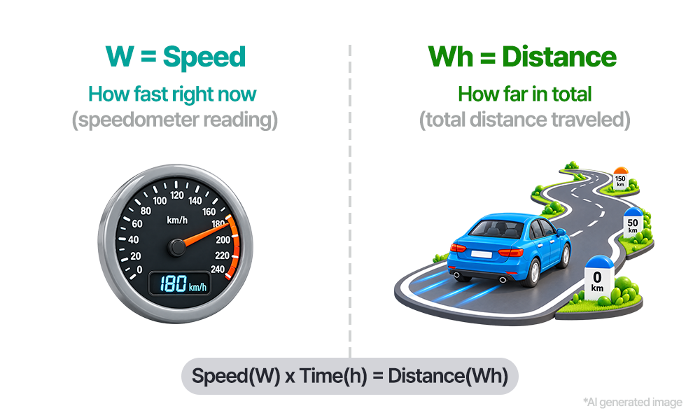 Watts (W) are compared to a car’s instantaneous speed, while watt-hours (Wh) are compared to the total distance traveled. Just as speed multiplied by time gives distance, power multiplied by time gives energy.
