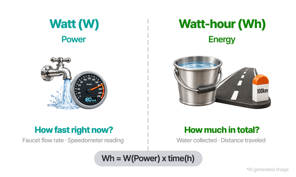 A comparison of watts (W) and watt-hours (Wh). W is likened to a faucet’s flow rate and a car’s speed, while Wh is likened to water collected in a bucket and distance traveled. The formula is Wh = W × time (h).
