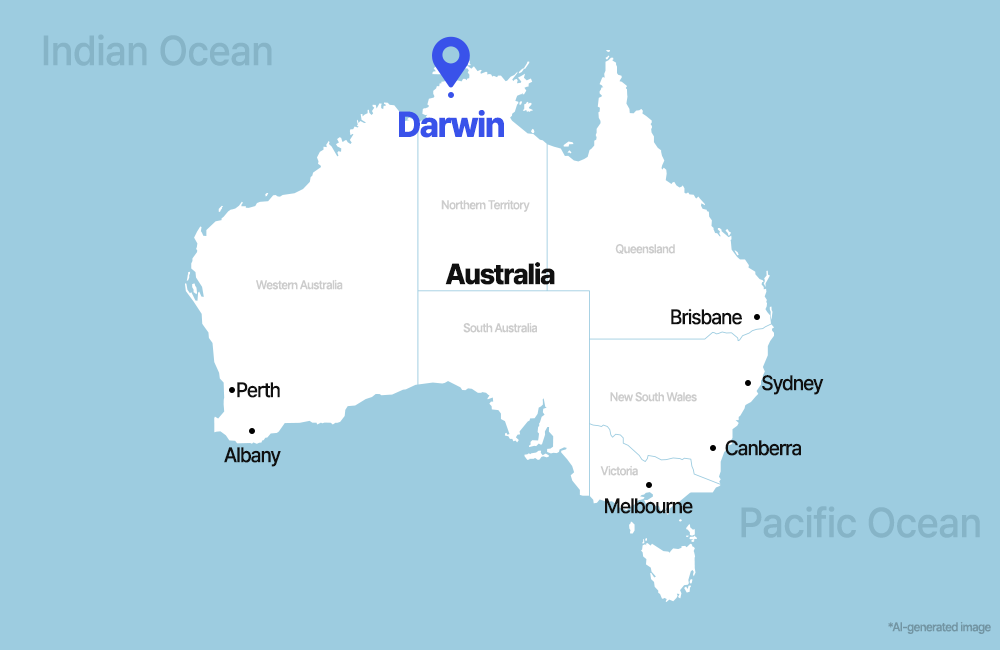 Darwin Australia sits at the top of the Northern Territory, far from Sydney, Melbourne and Brisbane