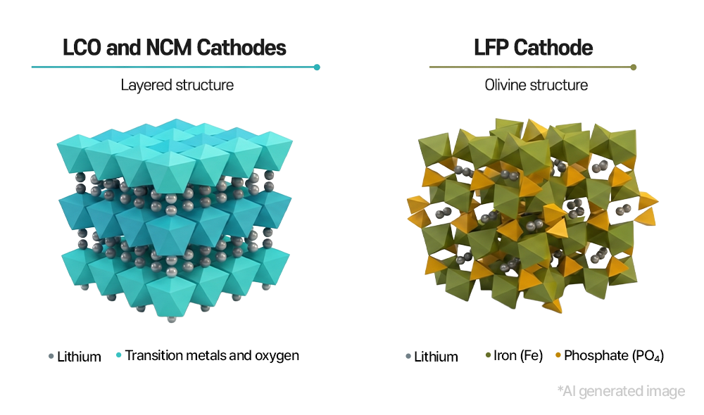 An illustration comparing the layered structure of LCO/NCM cathode materials with the olivine structure of LFP cathode materials used in LFP batteries.   