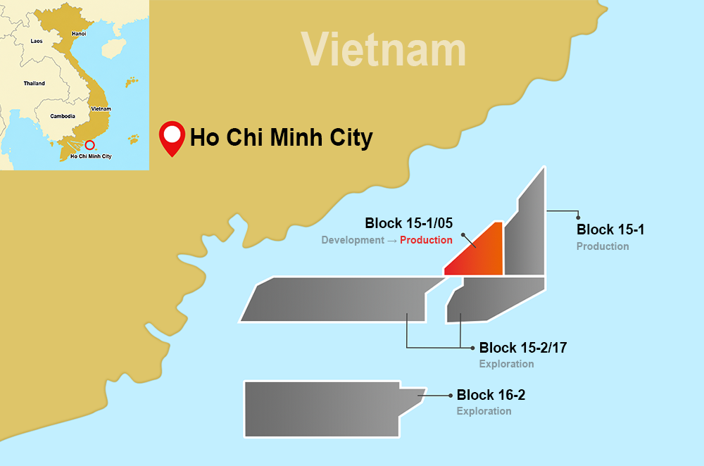 Map of SK Earthon’s blocks offshore Vietnam near Ho Chi Minh City: Block 15-1 and 15-1/05 in production, 15-2/17 and 16-2 in exploration
