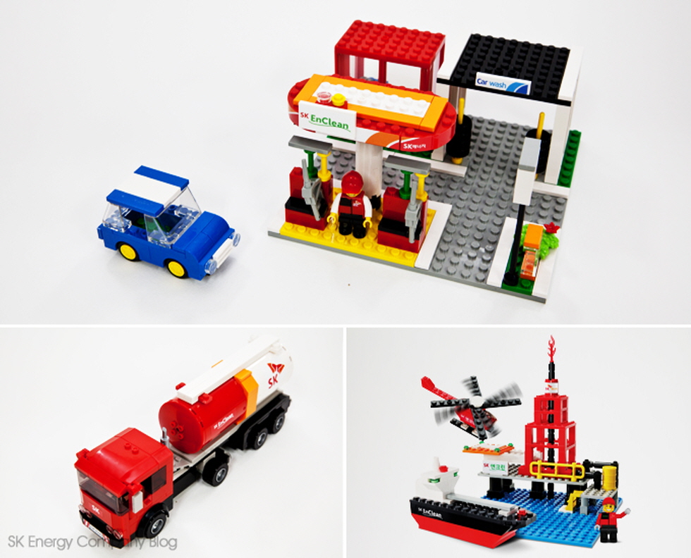 ▲SK엔크린 블록 장난감 주유소(위), 유조차(왼쪽), 원유시추선(오른쪽)