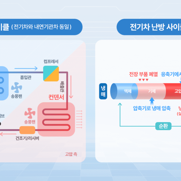 내연기관차와 전기차의 냉방 사이클 및 난방 사이클, 전기자동차의 공조시스템, SK이노베이션 냉방 사이클 전기차 난방 사이클 전장 부품 폐열 압축기로 냉매 압축 냉매 열 발산 고압기체 컴프레서 익스펜션 밸브 히트펌프