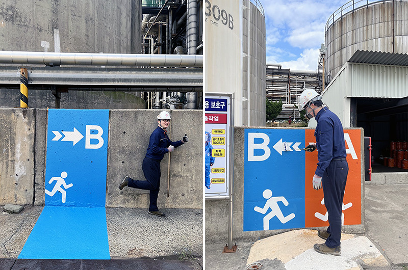 울산CLX 동력공장 이동통로에 적용된 안전색채/안전디자인. 현장 구성원들의 직관적인 이해와 즉각적인 반응을 돕는다.