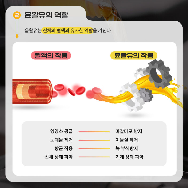 윤활유는 신체의 혈액과 유사한 역할을 함. 마찰마모 방지, 이물질 제거, 녹 부식방지, 기계 상태 파악 등이 있다