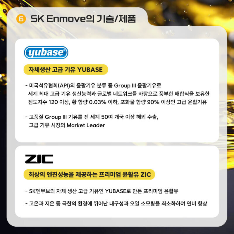 SK엔무브는 자체생산 고급 기유 YUBASE와 프리미엄 윤활유 ZIC를 보유