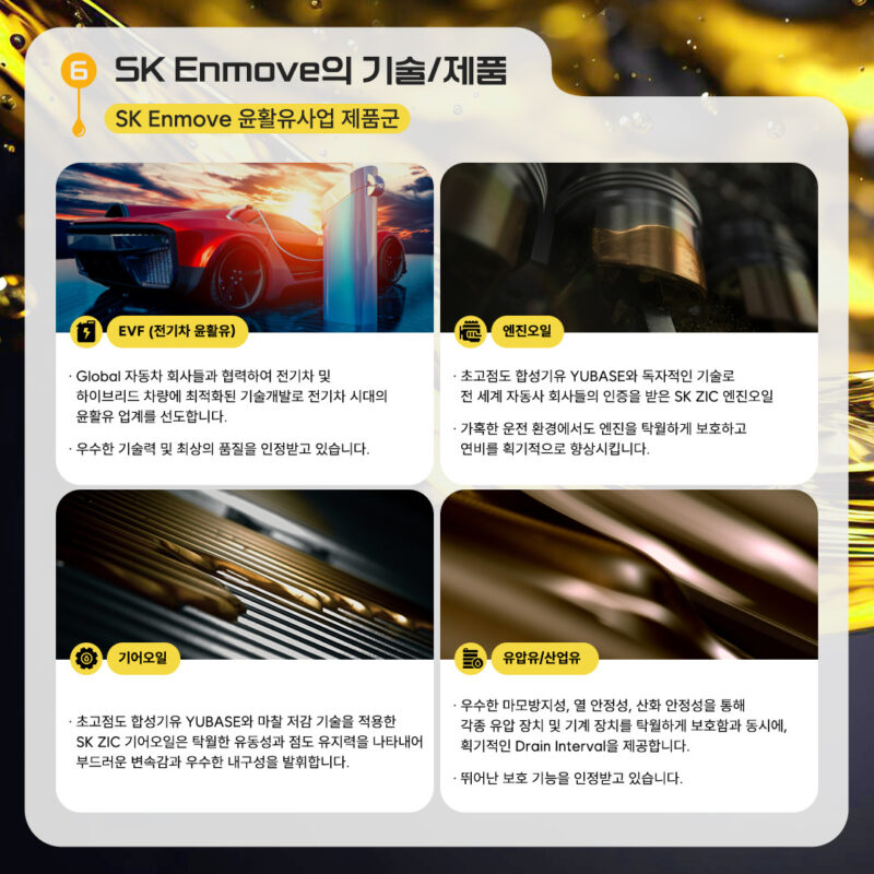 SK엔무브의 윤활유사업 제품군은 크게 EVF(전키차 윤활유), 엔진오일, 기어오일, 유압유/산업유가 있다