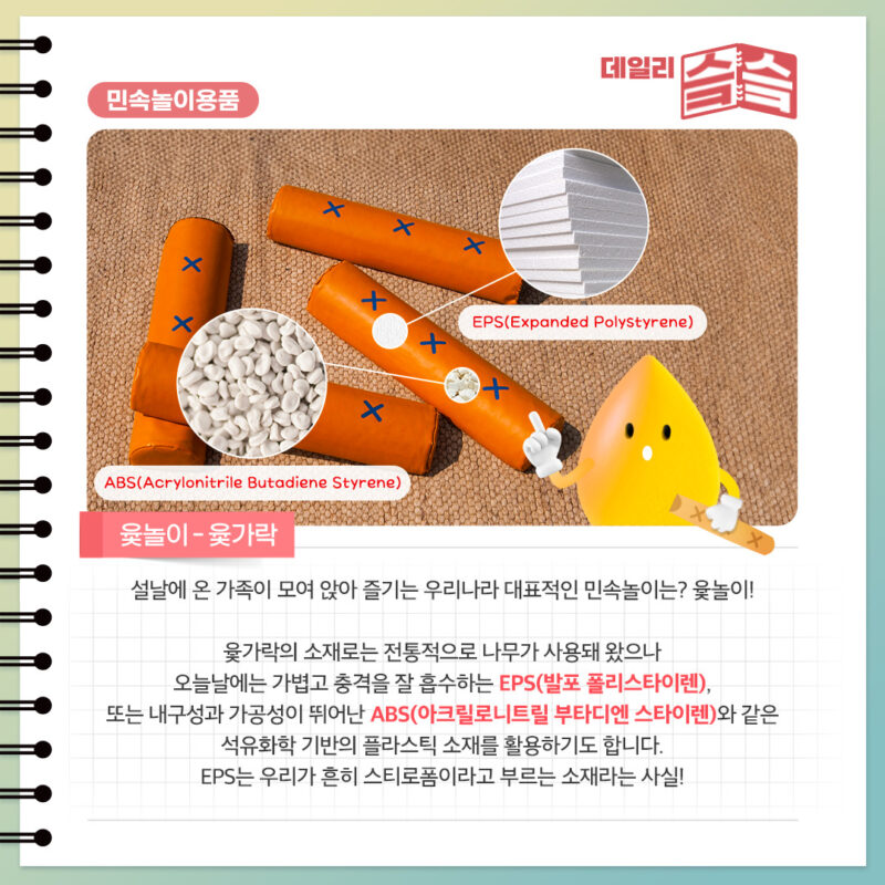 오늘날 윷놀이에 쓰이는 윷가락의 소재로는 발포 폴리스타이렌(EPS)나 아크릴로니트릴 부타디엔 스타이렌(ABS) 등이 사용됨