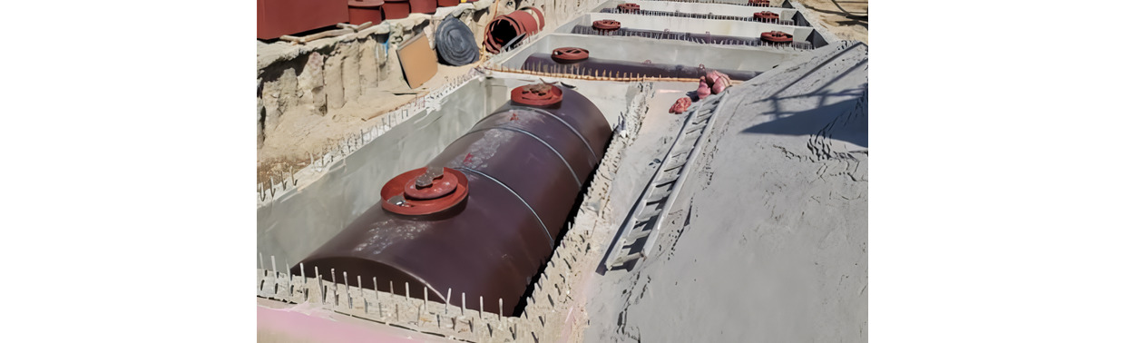 이중벽 탱크 외부에 콘크리트 구조로 보호 박스가 설치되고 있는 모습