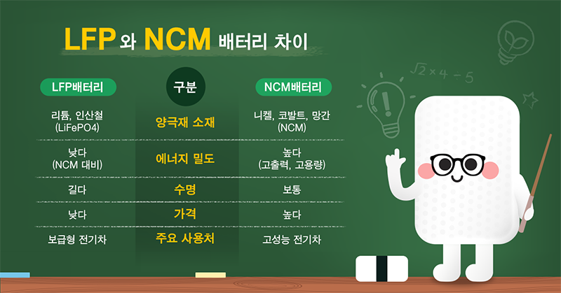 전기차용 2차전지는 양극재 소재에 따라 LFP(리튬인산철)와 NCM(니켈코발트망간)으로 나뉨. LFP배터리는 NCM배터리 대비 경제성이 좋고 배터리 안정성이 뛰어나 보급형 전기차에 많이 탑재됨