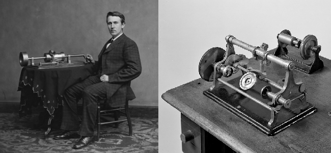 (좌)에디슨과 포노그래프(출처: 위키피디아) / (우)벨의 그래포폰(출처: Smithsonian )