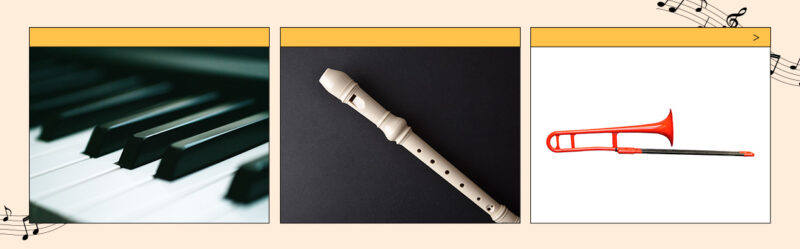 합성 소재를 사용한 악기 예시. 왼쪽부터 피아노, 리코더, 트롬본.