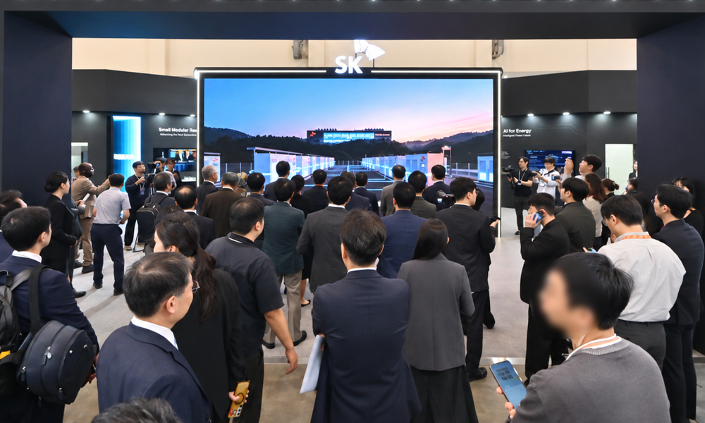'WCE 2026' SK이노베이션 전시관에서 관람객들이 대형 스크린으로 데이터센터와 발전 시설을 나타낸 SK이노베이션의 비전 영상을 감상하고 있다. 양옆으로 Small Modular Reactor, AI for Energy 존이 보인다