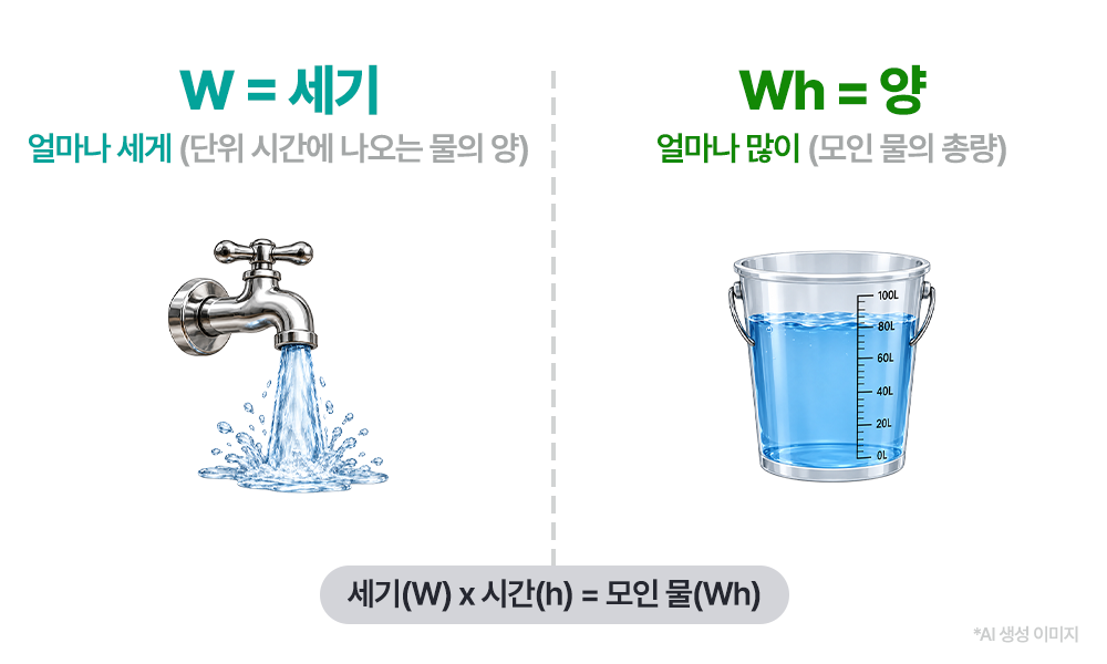 와트(W)는 수도꼭지에서 단위 시간에 나오는 물의 양, 와트시(Wh)는 양동이에 모인 물의 총량에 비유됩니다. 전력(W)에 사용 시간(h)을 곱하면 전력량(Wh)이 됩니다.