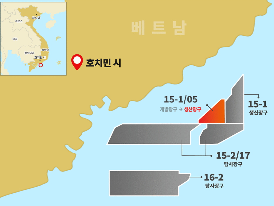 베트남 호치민 시 남동부 해상에 위치한 SK어스온 베트남 광구 위치도. 15-1/05 광구(개발광구 → 생산광구, 주황색 강조)와 인접한 15-1 생산광구, 그리고 15-2/17·16-2 탐사광구의 위치를 나타낸다.