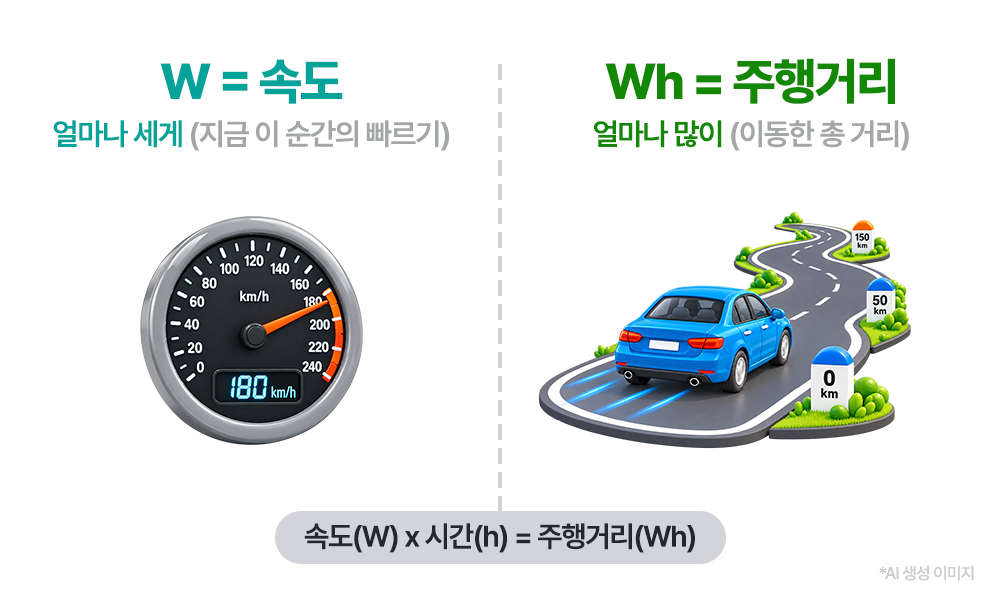 와트(W)는 자동차의 순간 속도, 와트시(Wh)는 이동한 총거리에 비유됩니다. 속도에 시간을 곱하면 주행거리가 되듯, 전력에 사용 시간을 곱하면 전력량이 됩니다.