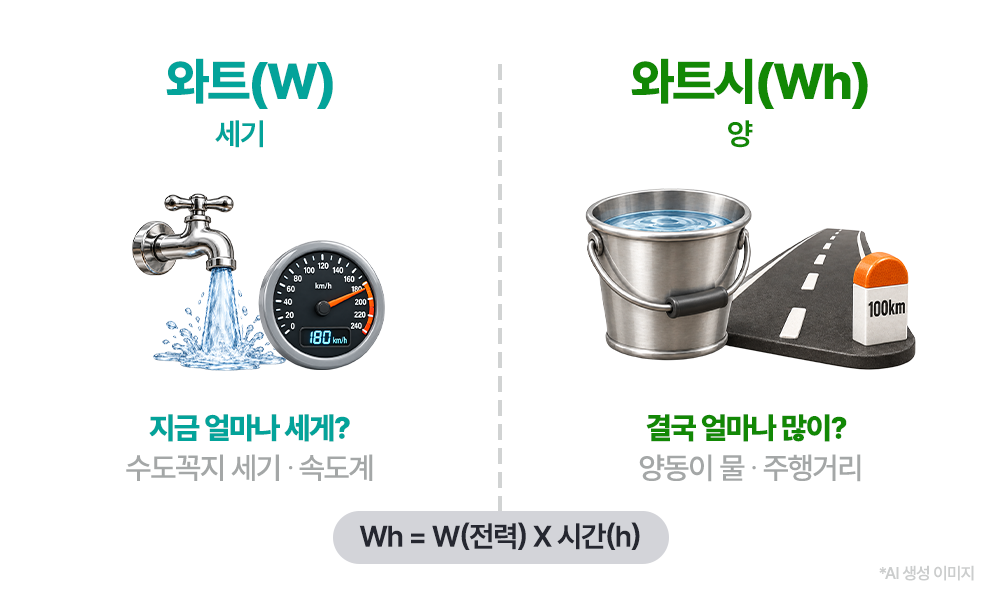 와트(W)와 와트시(Wh)의 차이를 비교한 그림. W는 수도꼭지의 물의 세기와 자동차의 속도, Wh는 양동이에 모인 물과 자동차의 주행거리에 비유되며, 계산식은 Wh=W×시간(h)입니다.