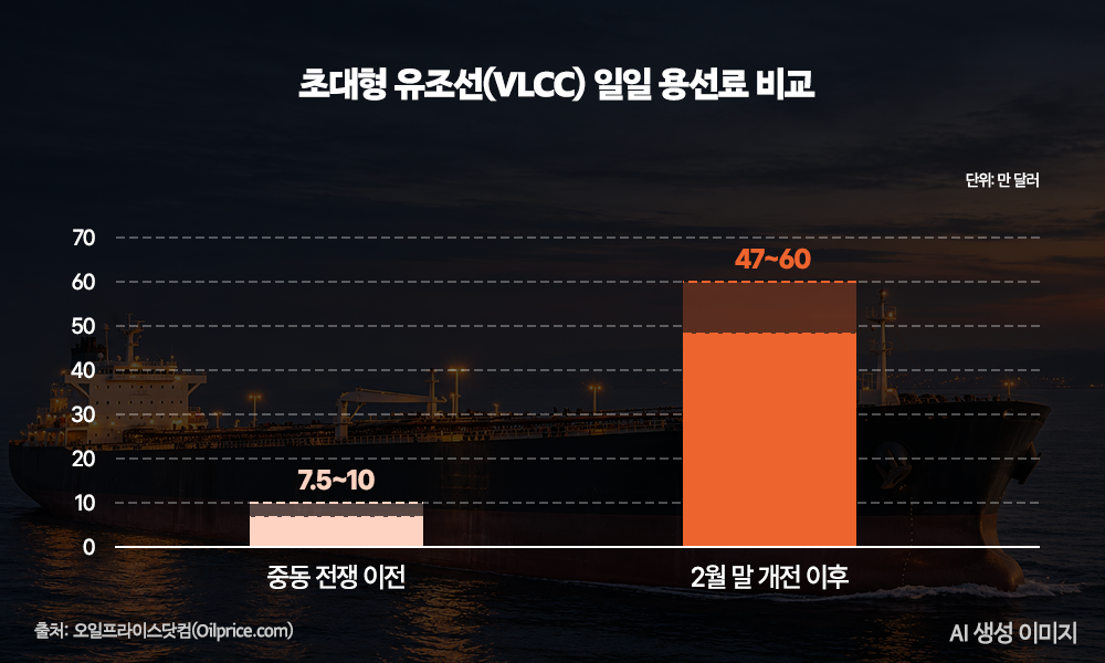 초대형 유조선(VLCC) 일일 유조선 용선료가 중동 전쟁 이전 7만 5,000~10만 달러에서 2월 말 개전 이후 47만~60만 달러로 상승했다(출처: 오일프라이스닷컴)
