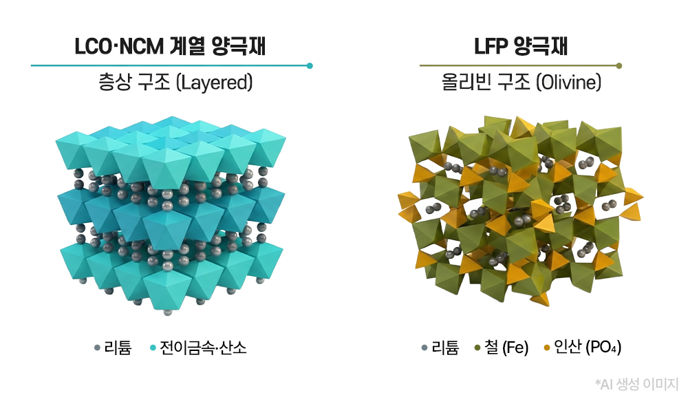 LCO·NCM 계열 양극재의 층상 구조와 LFP 배터리에 사용되는 LFP 양극재의 올리빈 구조를 비교한 일러스트입니다.   
